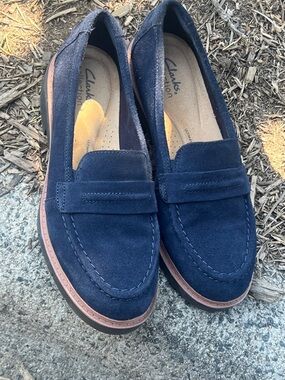 Clarks Navy Suede Penny Loafers with Brown Trim